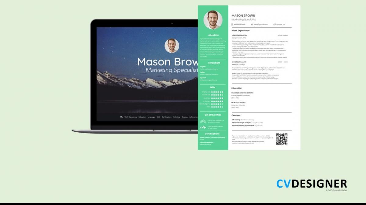 Laptop displaying a resume template and a printed CV version beside it, both titled