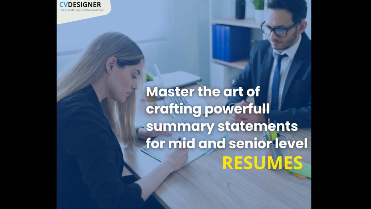 Ad with text about crafting resume summary statements, featuring two individuals at a desk.