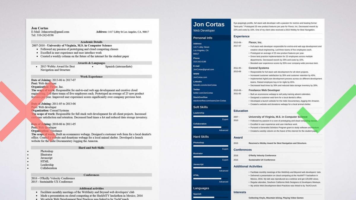 Two versions of a resume for 