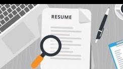Illustration of a resume with a magnifying glass, pen, and clipboard on a desk.