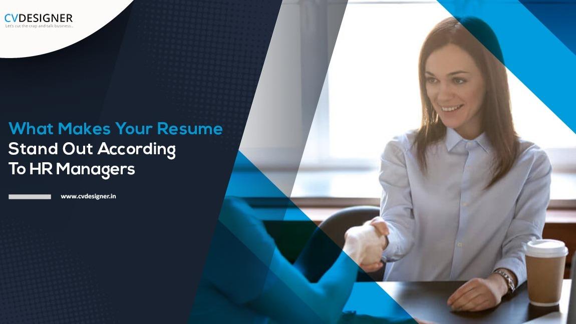 Businesswoman shaking hands across a table, with text about resume tips for HR managers.