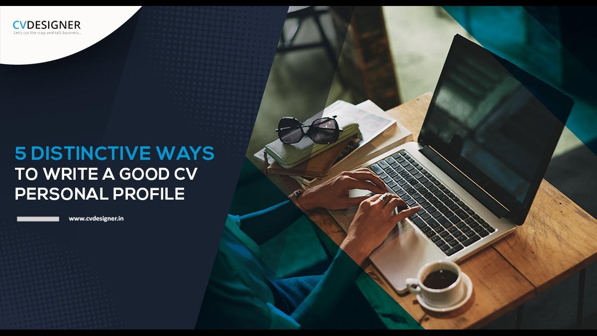 A person typing on a laptop next to books, glasses, and coffee with text about CV personal profile tips.
