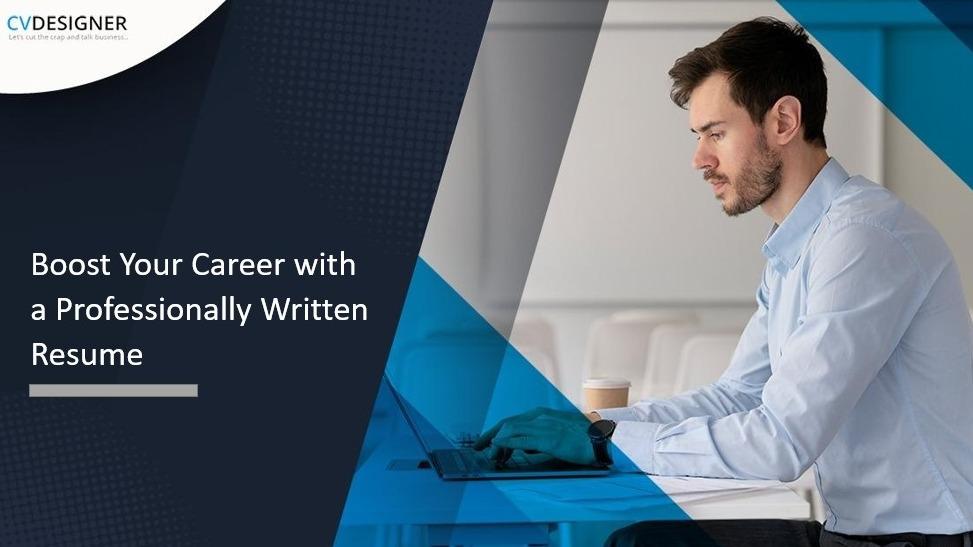 Man in a light blue shirt working on a laptop with text about resume writing services.