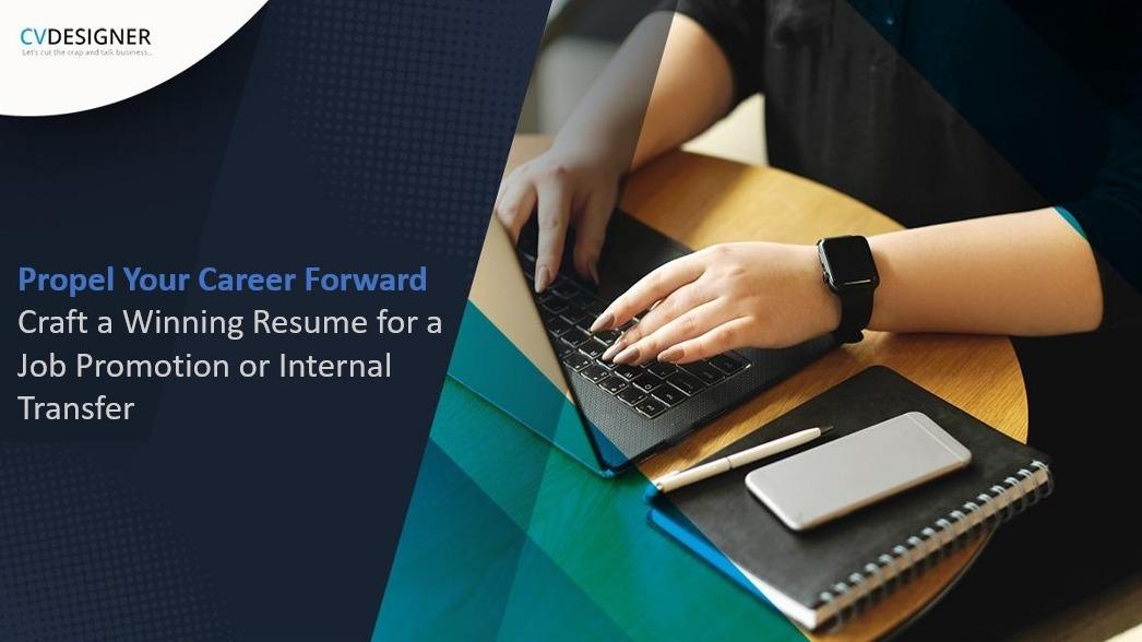 Person typing on a laptop with text about crafting a resume for career advancement.