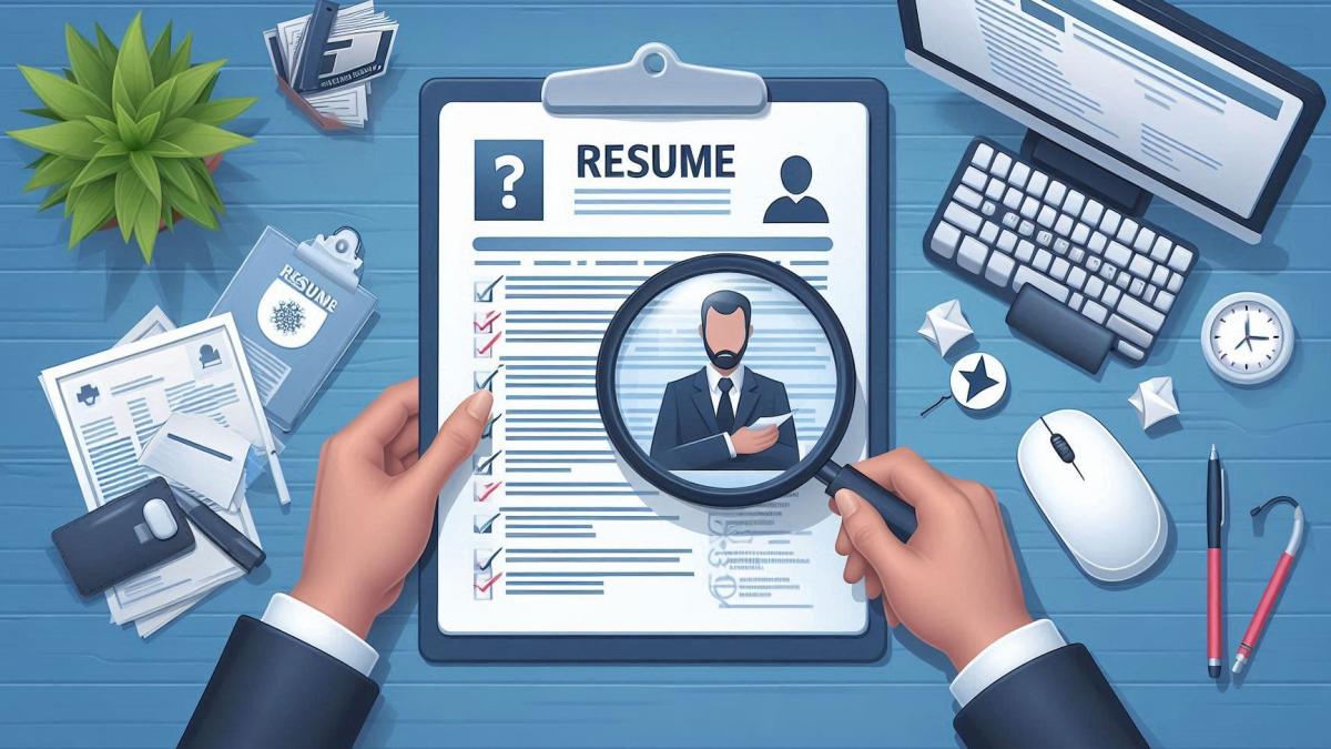Hands reviewing a resume with a magnifying glass on a blue desk with office supplies.