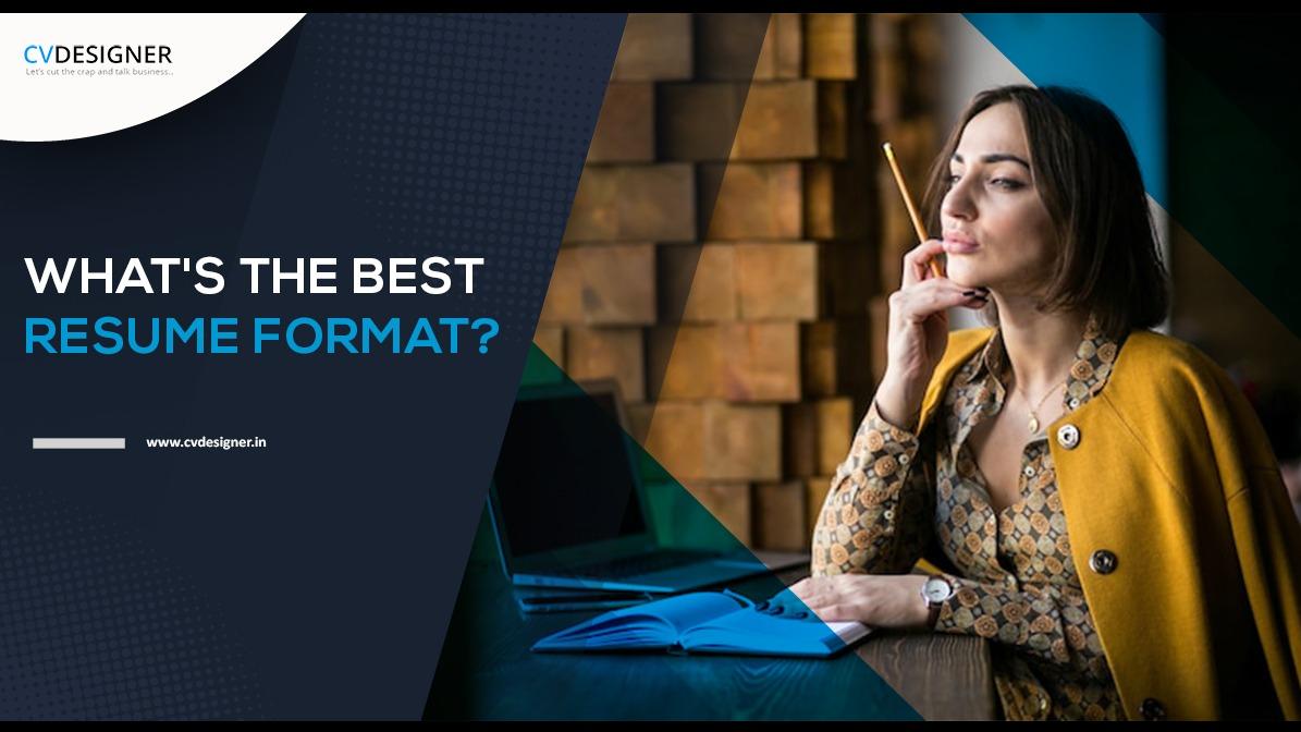 Person at a desk with a laptop and notebook, text asks about best resume format.